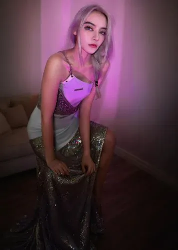 a woman poses in front of a purple light,pvc,taya,grimes,kimberlain,purple glitter,kimberlee