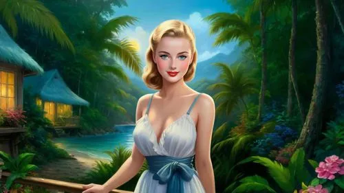 Romantic masterpiece oil painting, cute girl portrait, nostalgic 1950's style kitsch, vibrant rainforest landscape, lush tropical jungle paradise, summer beach vacation seaside cottage scenery, by Tho