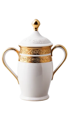 Salt shaker, kitchen utensil, ceramic material, white body, golden lid, ornate design, detailed texture, still life, overhead shot, softbox lighting, shallow depth of field, warm color tone.,the teapo