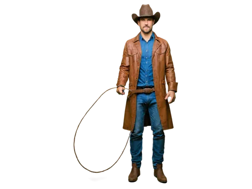 Cowboy, rugged man, solo, (35yo), strong facial features, stubble beard, messy brown hair, leather cowboy hat, blue denim shirt, brown leather jacket, ripped jeans, black boots, holding lasso rope, st