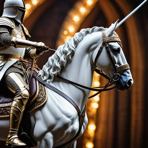 image a white knight, mounted on his horse holding a bow, with a shining crown on his head,cuirassier,hussar,knight,cavalry,peredur,cavalries,lipizzan,cavalrymen,arthurian,cuirassiers,courtly,hussars,