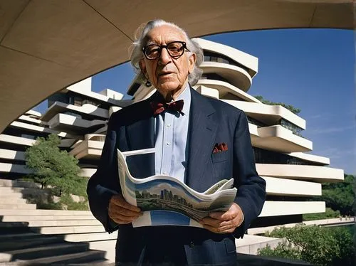 Famous architect, Frank Lloyd Wright, Le Corbusier, I.M.Pei, Zaha Hadid, solo, standing, hands behind back, wearing glasses, suit, tie, holding blueprints, in front of Guggenheim Museum, Fallingwater,