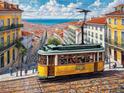 the lisbon tram,lisbon,cable car,cablecar,cable cars,lisboa,tramway,tram,porto,street car,valparaiso,cable railway,funicular,trolley bus,trolleybuses,trolley,trolleybus,tram road,trolley train,tram car,Illustration,Paper based,Paper Based 09