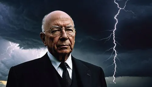 Klaus Schwab, villain, older gentleman, grey hair, thick beard, sharp eyes, sinister smile, black suit, white shirt, black tie, pocket watch, cane, standing, ominous background, dark clouds, thunderst