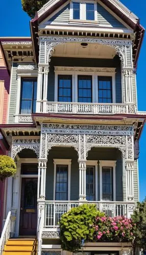 San Francisco, Victorian houses, steep hills, ornate facades, colorful buildings, walking tour, daytime, sunny weather, clear blue sky, few white clouds, gentle breeze, mature trees lining streets, hi