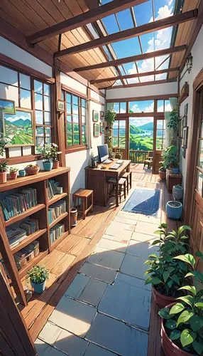 roof terrace,roof garden,japanese-style room,conservatory,veranda,roof landscape,glass roof,wooden roof,balcony garden,grass roof,breakfast room,greenhouse,roof lantern,folding roof,wooden windows,hanok,sky apartment,turf roof,garden shed,loft,Anime,Anime,Realistic