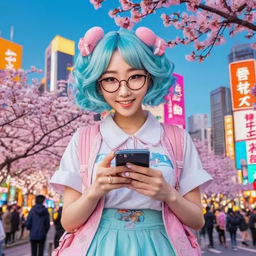 Cute msrabbit Twitter character, kawaii face, big round glasses, pink hair clips, light blue hair, sweet smile, holding a smartphone, tweeting, standing in front of a colorful Tokyo-style cityscape, b