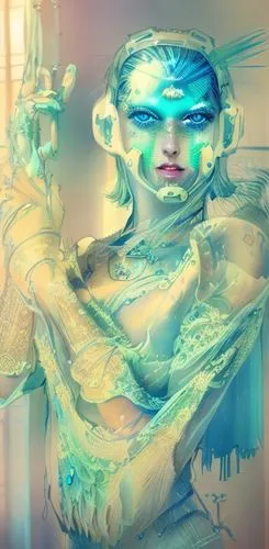 fractalius,digiart,humanoid,3d man,cyberspace,computer art,cyborg,electro,neon body painting,bjork,ice,primitive man,shaman,dimensional,augmented,cgi,woman frog,android,human,astral traveler,Game&Anim