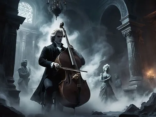 Frozen scene of Old vampire double bass player with frizzy hair snarls plays slow dramatic music inside a dark dusty temple surrounded with smoke ghosts, waves of light. Scene from 1800s, black statue