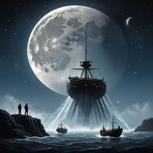 bathysphere,lightships,ghost ship,lightship,spelljammer,voyagers,sailing ship,skyship,caravel,pirate ship,sea sailing ship,moonscapes,moonlighters,sail ship,voyaging,voyages,galleon,explorers,sailing ships,waterglobe,Conceptual Art,Sci-Fi,Sci-Fi 25