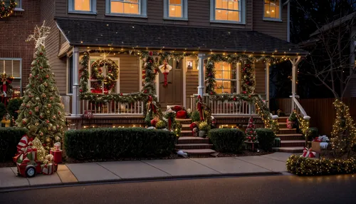 no snow in the background, Captured at the golden hour of dusk, this warm and inviting suburban neighborhood exudes festive cheer. Houses, illuminated by twinkling fairy lights, create a picturesque b