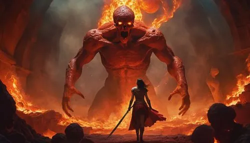 As a surreal scene unfolds, a determined female warrior stands still with his head lowered and his arms lifted, ready to withstand the force of a fierce battle. The sky above is a deep crimson, blendi