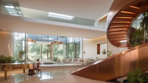 Luxurious modern living room interior with a grand open layout. The focal point is a striking curved staircase in copper, spiraling elegantly upwards. The space features floor-to-ceiling glass windows