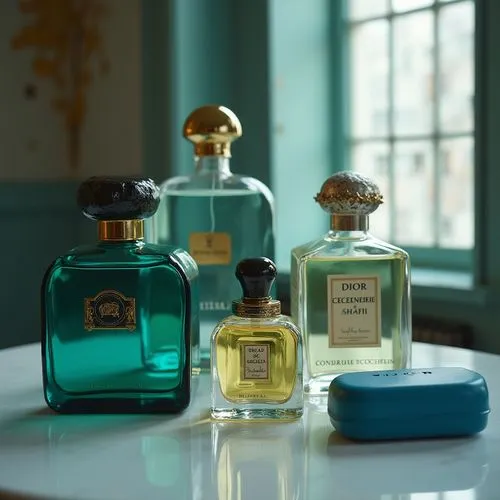 Classic photography, perfume glasses, men's classic perfume, cologne water, bar of gliccerine soap blue in the side of perfums, Dior style, different colors, blue, green and translucid, different shap