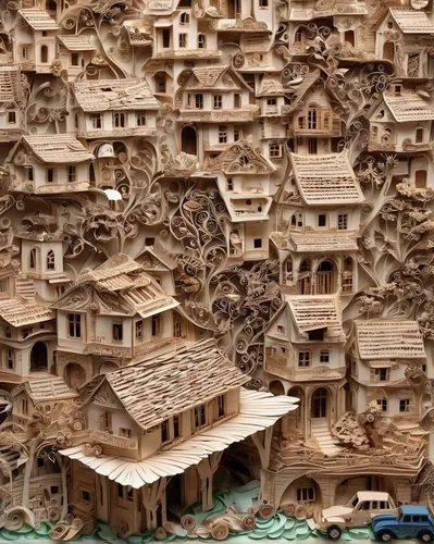 Set in a war-torn city, describe the wreckage and destroyed houses caused by bombings. (Conflict, Destruction),mud village,wooden houses,wooden construction,escher village,nativity village,wood art,in