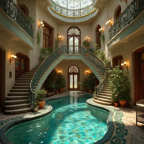 water stairs,floor fountain,swimming pool,mansion,pool house,hamam,riad,luxury bathroom,infinity swimming pool,luxury property,marble palace,luxury hotel,dreamhouse,luxury home,mikvah,palatial,pools,staircase,hammam,ornate room,Photography,General,Realistic