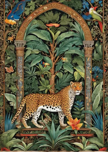 jaguar,bengal,type royal tiger,quetzal,tapestry,tropical animals,bengal clockvine,animalia,sumatran,fauna,hunting scene,pachamama,sumatra,animals hunting,royal tiger,yucatan,a tiger,antigua guatemala,king of the jungle,safari,Illustration,Realistic Fantasy,Realistic Fantasy 42