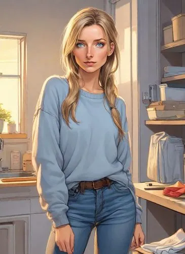 girl in the kitchen,olallieberry,housewife,domestic,elsa,barista,waitress,housekeeper,chef,woman holding pie,cooking book cover,homemaker,star kitchen,girl at the computer,belarus byn,dishwasher,in a shirt,jeans background,female doctor,angelica,Digital Art,Comic