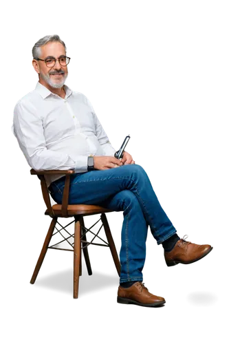 Author, middle-aged man, bespectacled, grey hair, beard, casual wear, white shirt, dark jeans, leather shoes, sitting at desk, holding pen, bookshelf background, warm lighting, soft focus, 3/4 composi