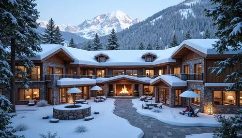 Snow-capped mountains, frosty mornings, wooden ski lodges, warm fireplaces, rustic stone walls, earthy tones, natural wood accents, icy blues, crisp whites, rich browns, vibrant oranges, bold reds, me