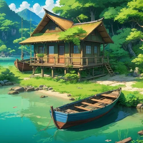 houseboat,house by the water,floating huts,summer cottage,house with lake,houseboats,fisherman's house,cottage,small cabin,wooden house,boat house,idyllic,undock,fisherman's hut,ghibli,fishing village,dock,boat landscape,studio ghibli,boathouse,Illustration,Japanese style,Japanese Style 03