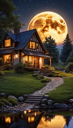 moonlit night,home landscape,full moon,beautiful home,moonrise,moonlit,fantasy picture,the cabin in the mountains,moonshine,log home,big moon,landscape background,moon at night,wooden house,super moon