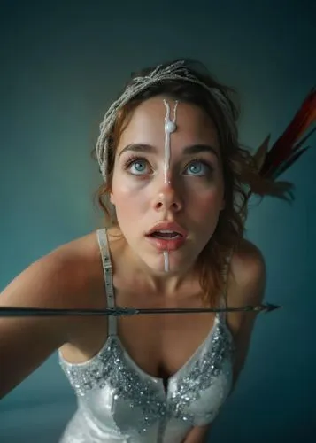 a woman with a bow has painted on her face,water nymph,naiad,siren,galadriel,hypatia,margairaz,naiads,amphitrite,cinderella,fantasy portrait,cirta,galatea,margaery,merfolk,under the water,fantasy woma