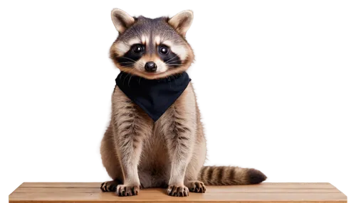 Raccoon, cute expression, bushy tail, black mask, white fur, little paws, curious eyes, sitting posture, wooden floor, warm lighting, shallow depth of field, 3/4 composition, soft focus, adorable mome