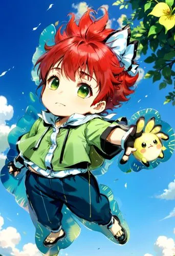 anime character flying through the air holding onto a flower,shirou,ponyo,otoya,lavi,orin,masaru,Anime,Anime,Traditional