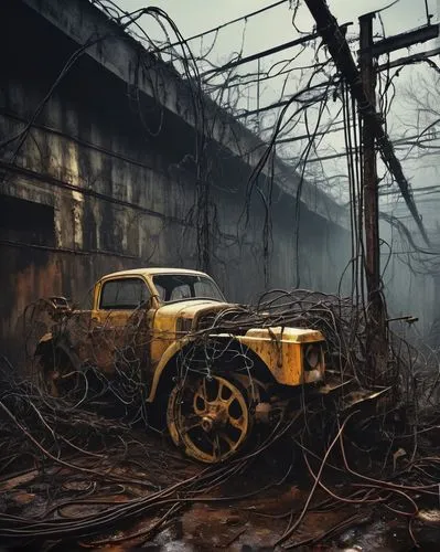 dark, eerie atmosphere, abandoned, broken machinery, wires tangled, shattered glass, rusted metal, dimly lit, flickering fluorescent lights, ominous shadows, desolate industrial landscape, crumbling c