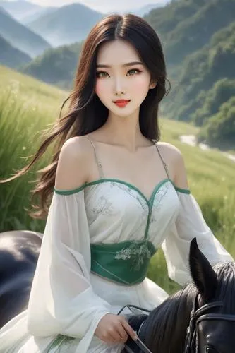 realistic rich colors, green mountains, very beautiful charming Chinese woman in white, in a blue river, beautiful expressive eyes, beautiful thin lips, beautiful long hair, open shoulders, happy, gal