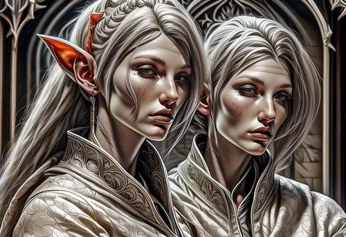 sorceresses,elves,norns,dark elf,elven,mirror image