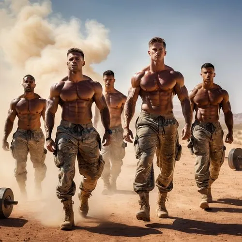 several soldiers shirtless, with extreme powerful muscles, almost naked just wearing slips, they are working in a desert GYM on base in the desert, with barbells, dumbels their oily, tanned bodies shi