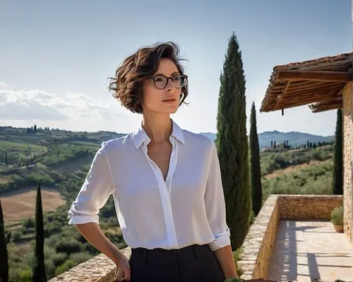 Bianca Censori, Italian architect, 30s, short hair, glasses, elegant suit, white shirt, black tie, standing, holding blueprints, villa, Tuscany, Italy, Mediterranean landscape, rolling hills, cypress 