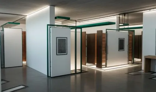 changing room, with industrial and art deco theme. industrial theme pipes and showers visible. grey matt tile,some white panels and a wooden bench in the middle of a room,lockers,cardrooms,supercomput