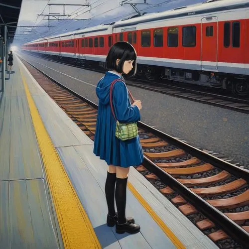 the girl at the station,hoshihananomia,utada,girl walking away,photorealist,azumanga,Illustration,Realistic Fantasy,Realistic Fantasy 08