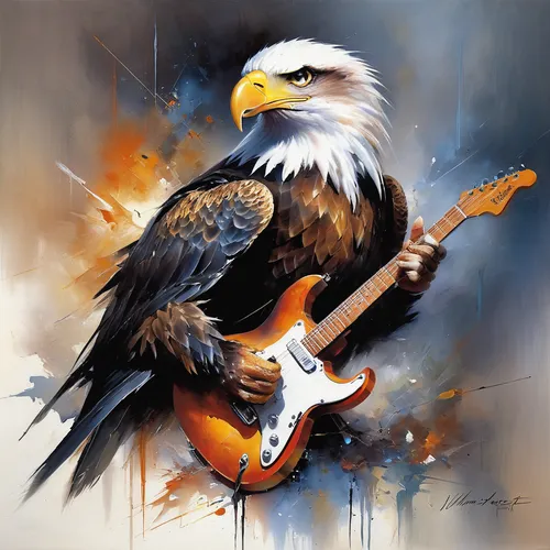 eagles,eagle illustration,bald eagle,painted guitar,eagle,american bald eagle,white eagle,eagle drawing,sea head eagle,bald eagles,guitar player,electric guitar,guitarist,hawk - bird,eagle head,fish eagle,of prey eagle,bird painting,guitar,freedom from the heart,Conceptual Art,Oil color,Oil Color 03