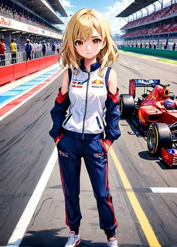 a young, beautiful lady, blonde hair , hazel nut eyes, wearing a racing jumpsuit, with the top open, white tank top inside, standing in the pitlane of a formula 1 ,Redbull uniform,the anime is posing 