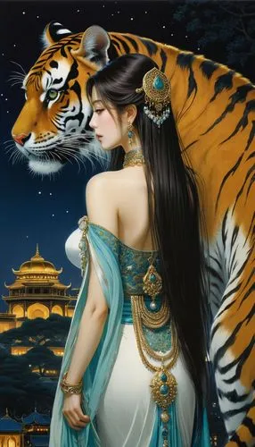 fantasy picture,oriental princess,oriental painting,tigress,fantasy art,wulin,Illustration,Realistic Fantasy,Realistic Fantasy 08