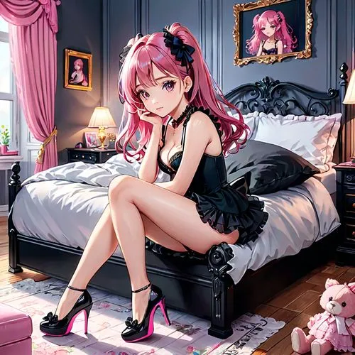 girl in black frilly lingerie in her bedroom high heels pink hair,anime girl sitting in the middle of a room,alisa,riko,ririko,seira,valentine background,dressup,kurumi,velvet,tokimeki,tokiko,ranko,mi