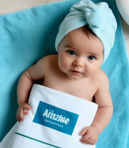 there is a baby that has a blue towel on his head,amlin,acuvue,azide,cottonelle,allianz,cute baby