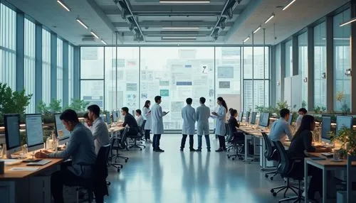 Modern research center, futuristic architecture, large glass windows, steel frames, minimalist interior, rows of computers, scientists in lab coats, goggles, test tubes, microscopes, whiteboards, equa