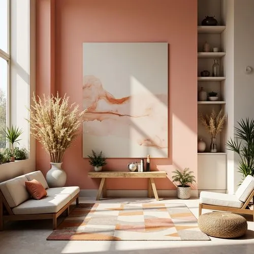 gold-pink earthy colors,modern decor,living room,livingroom,contemporary decor,interior decor,sitting room,salmon pink,peach color,interior design,interior decoration,apartment lounge,ikebana,schlumbergera,home interior,soft pink,homeadvisor,dusky pink,wall decor,hallway space