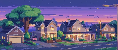 aurora village,neighborhood,houses silhouette,suburbs,dusk background,suburban,victorian,bungalow,residential,pixel art,cartoon video game background,skyscraper town,dusk,resort town,lonely house,neighbourhood,halloween background,fantasy city,retro styled,house silhouette,Unique,Pixel,Pixel 01