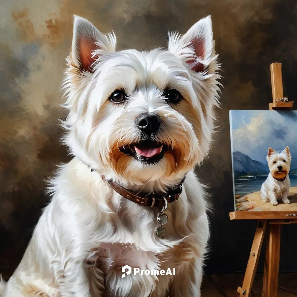 photography, realism, a West Highland Terrier dog sits in front of canvas oil painting, depicted exactly same west highland terrier dog on the canvas, 2d, in the style of watercolor painting, 35mm, f/