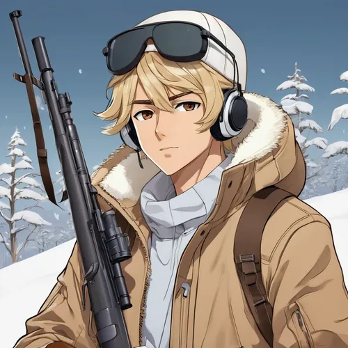 darjeeling,m16,snipey,belarus byn,ski,cold weapon,ar-15,winter background,anime boy,pubg mascot,ski glasses,holding a gun,nikko,south russian ovcharka,free fire,parka,rifle,edit icon,sniper,airsoft,Illustration,Japanese style,Japanese Style 07