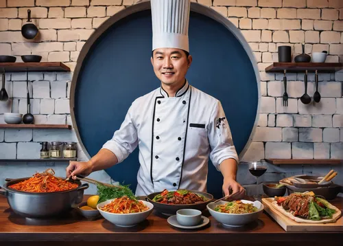 Imagine Hao, a renowned chef, preparing a mouthwatering feast at his new restaurant.,korean royal court cuisine,korean chinese cuisine,korean cuisine,huaiyang cuisine,banchan,nepalese cuisine,asian cu