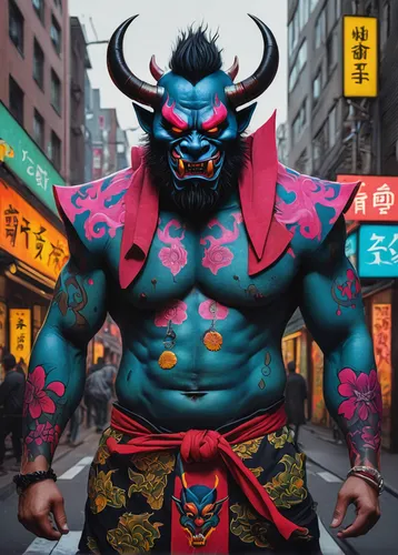 Create a vibrant and fierce oni tattoo design set in a bustling city street.,blue demon,samurai,goki,nikuman,devil,samurai fighter,tribal bull,barongsai,dragon li,minotaur,gyūdon,haunebu,jeongol,yo-ka