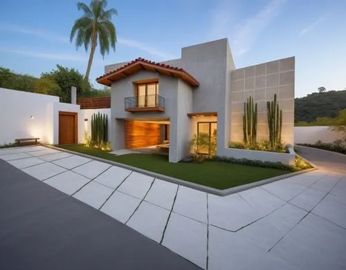 DISEÑO EXTERIOR DE CASA ESTILO MODERNO MEXICANO, UBICADA EN UN FRACCIINAMIENTO RESIDENCIAL, CON MUROS BLANCOS, USO DE CANTERA EN UN MURO, CANCALES DE ALUMINIO COLOR MADERA, HERRERIA, PERSONAS, BANQUET