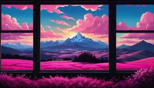 A stunning house set in a surreal landscape with vibrant pink fields, fluffy clouds, and mountains in the background. Digital art at its finest.,windows wallpaper,windows,window,beautiful wallpaper,wi